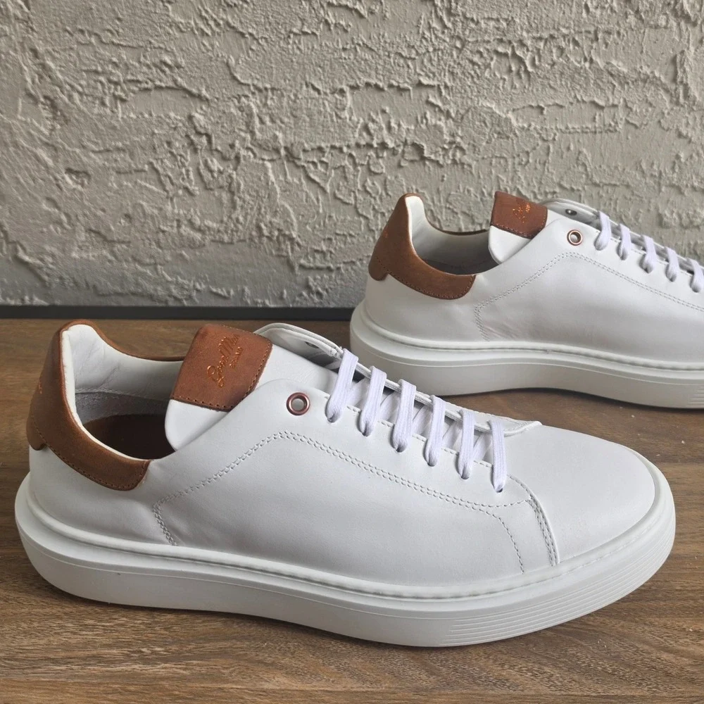 Good Man Legend London Sneackers Mens 8.5 White Nappa & Brown Vachetta Leather